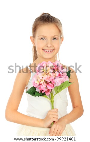 Portrait Of A Cute 7 Years Old Girl. Isolated Over White Background