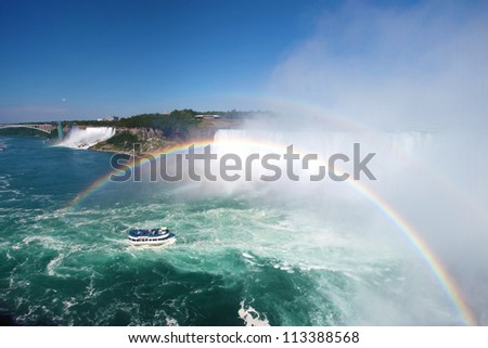 Double rainbow over a tour boat in Niagara falls, Ontario, Canada