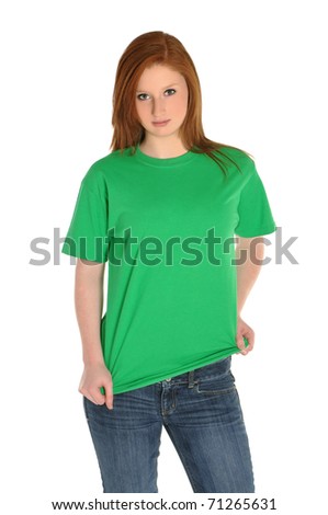 Pretty girl with blank green t-shirt
