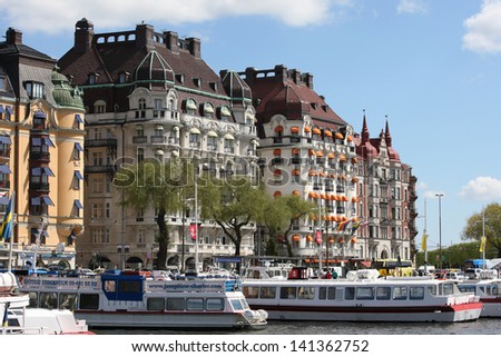 STOCKHOLM, SWEDEN - MAY 15: Stockholm City - Strandvagen - the famous address with promenade, Hotels and luxury Flats, Stockholm, Sweden, 15th May 2013.