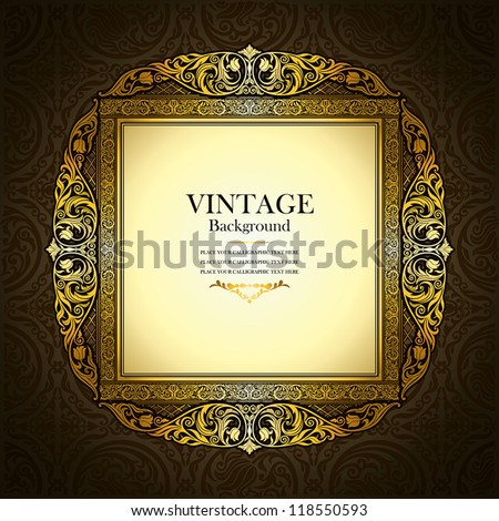 Vintage picture wall frame wall, damask background, antique, victorian gold ornament, baroque brown old paper, card, ornate cover page, label, floral luxury pattern template, concept design image idea