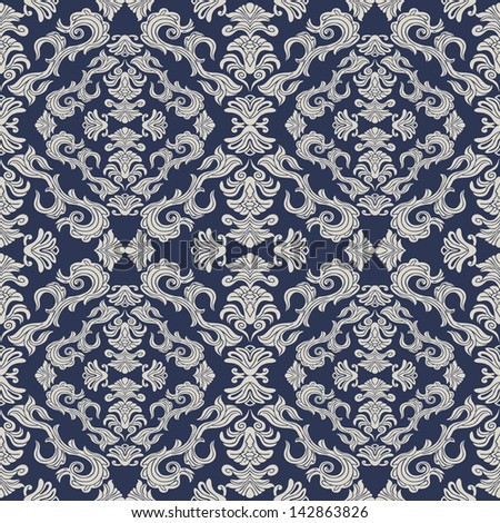 Vintage beautiful background, rich, old style, luxury ornamentation, fashioned seamless pattern, royal blue color vector wallpaper, floral, oldest style swatch fabric for decoration and design