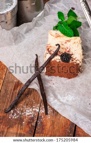 Tiramisu cake with fresh mint and cinnamon powder with coffee