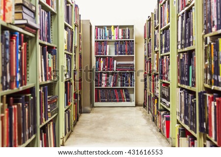 The bookshelves in the school library