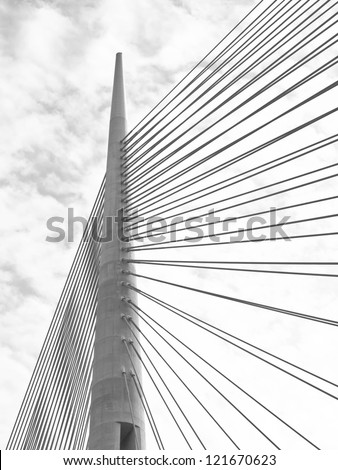Part of construction of new Belgrade biggest bridge with one tower ( pilon) in the world / river Sava, Serbia / under construction / one pylon /