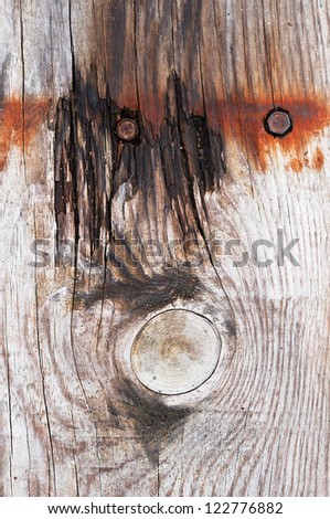 Rusty rural screw in rotten wooden table / old vintage frame / face