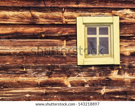 Red window in an wooden peasant house, ethnic house and window, Drvengrad, KÃ?Â¼stendorf and Me?avnik, Serbia