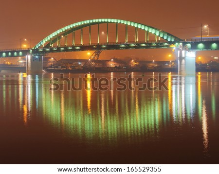 Night shot bridge in Belgrade town, river Sava, Serbia