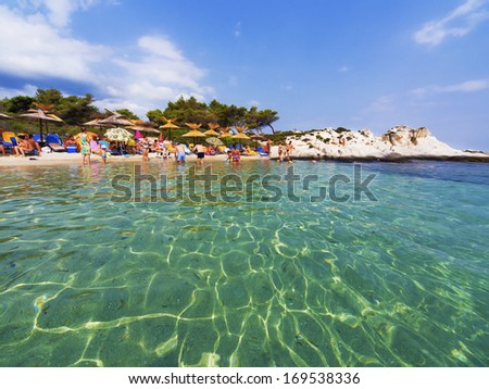 Paradise Bay Beach, Untouched Nature Abstract Archipelago In Seashore With Rocks In Water On Peninsula Halkidiki, Greece