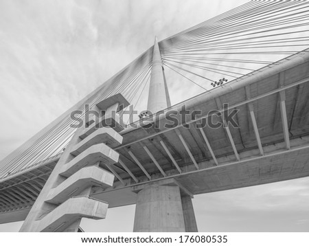 Part of construction of new Belgrade biggest bridge with one tower and pilon in the world / river Sava, Serbia / under construction / one pylon / Big suspension bridge in beams