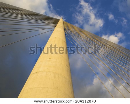 Part of construction of new Belgrade biggest bridge with one tower and pilon in the world / river Sava, Serbia / under construction / one pylon / Big suspension bridge in beams