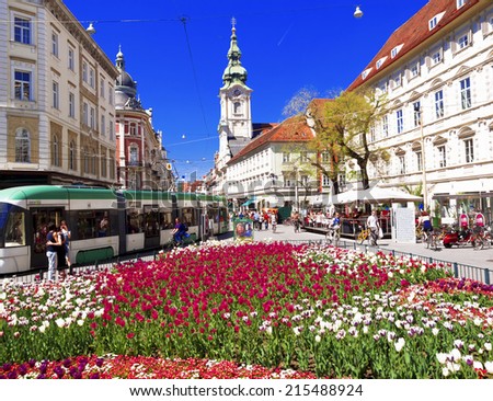 GRAZ, AUSTRIA - APRIL 28: Main City Square (Hauptplatz) on April 28, 2012 in Graz, Austria. With population of 300.000, Graz is second-largest city in Austria and capital of federal state of Styria.
