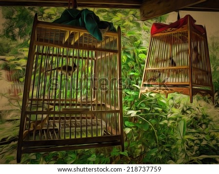Original watercolor painting of decor with wooden bird cage, art background illustration for home decoration,still life