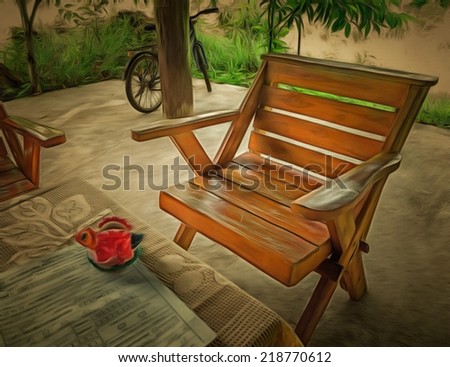Original watercolor painting of wooden chairs on a patio in the garden, art background illustration for home decoration,still life