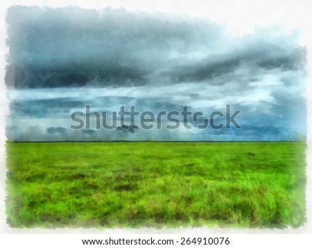 Abstract bright watercolor background,green grass field and bright blue sky,painting texture illustration
