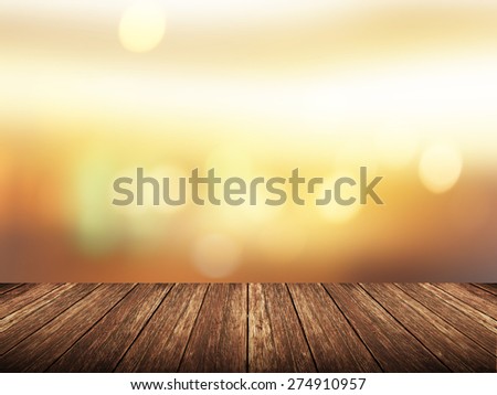 Empty wood table over blurred sunset sky with bokeh background, product display template,deck,