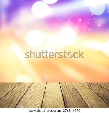 Empty wood table over blurred city light bokeh background, product display template,deck,sky,city lights