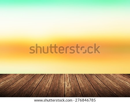 Empty wood table over blurred green landscape with bokeh background, product display template,deck,