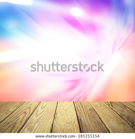 Empty wood table over blurred colorful bokeh background, product display template,deck,sky,city lights