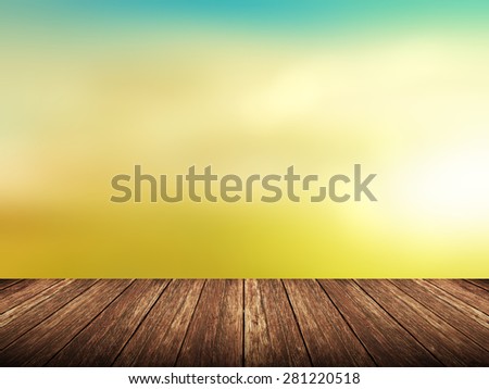 Empty wood table over blurred landscape with bokeh background, product display template,deck,