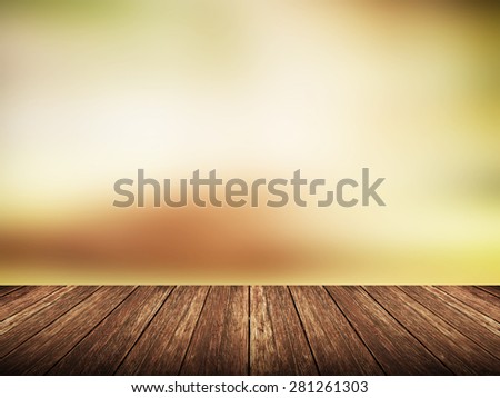 Empty wood table over blurred sunset landscape with bokeh background, product display template,deck,