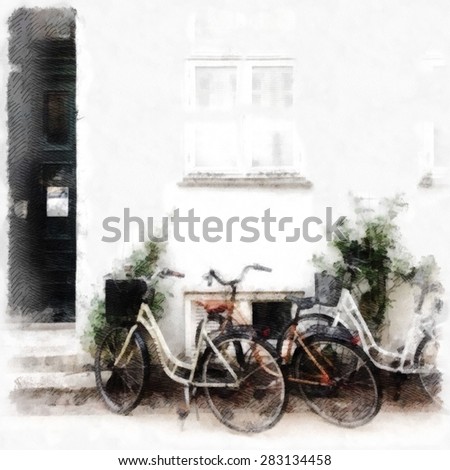 Original watercolor painting of Vintage bike with basket against wall ,background,art illustration