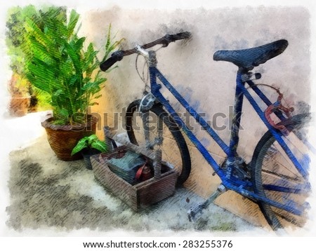 Original watercolor painting of  old bicycle against wall ,art illustration