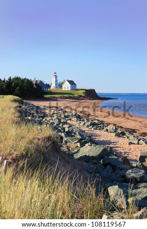 Panmure Island lighthouse in the Atlantic shore of Prince Edward Island, Canada at sundown