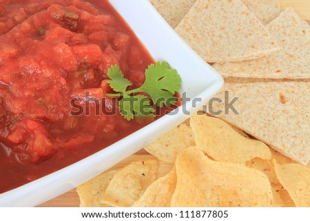 Bowl of tomato salsa with chips and tortilla for dipping