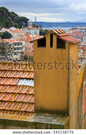 Typical Portuguese close up of chimney on rooftop in Lisbon, Portugal