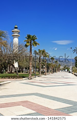 Lighthouse along the promenade at Torre del Mar on the Costa Del Sol, Andalucia, Spain