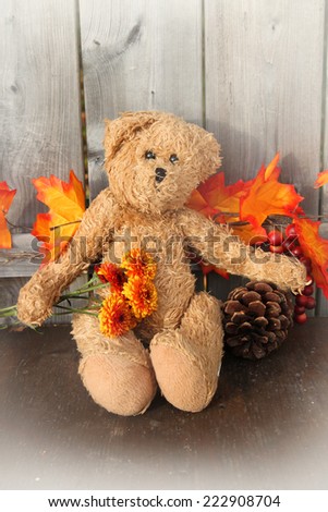 Rugged brown teddy bear with orange Fall flowers and leaves with pinecone on wooden background