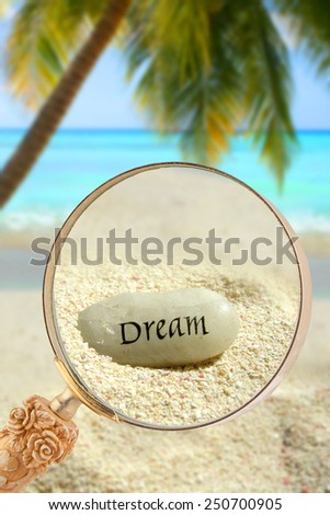 Looking through a magnifying glass on a stone saying Dream laying in the sand in a tropical paradise with palm tree and Caribbean ocean in the background