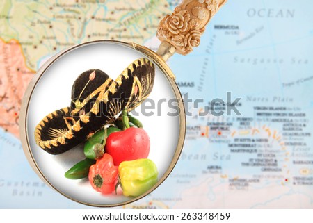 Looking in on a Mexican Cuisine with a blurred map of the Caribbean in the background