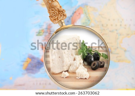 World foods showing Europe with magnifying glass looking in on Feta Cheese  from Greece