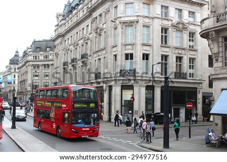 LONDON,ENGLAND,June 17, 2015: Double Decker bus driving through the busy streets of London England on June 17, 2015