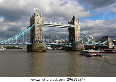 LONDON,ENGLAND,June 18, 2015: Tower bridge and boats on the River Thames in London, England, United Kingdom