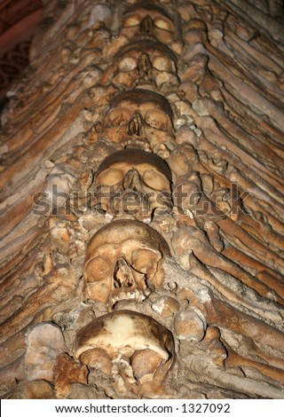 bones and skulls in the Temple of the Bones in Evora, Portugal