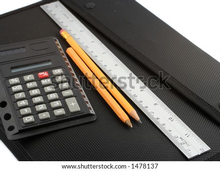 school binder, ruler, pen, calculator, and pencil