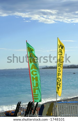 watersports flags at a beach in Nice, France