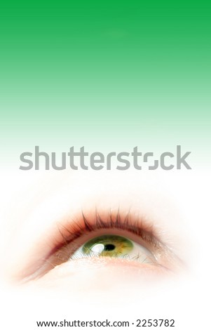 green eye illustration on gradient green background looking up