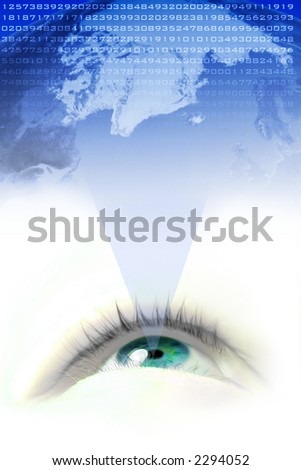 floating  blue eye projecting the world and it\'s numbers