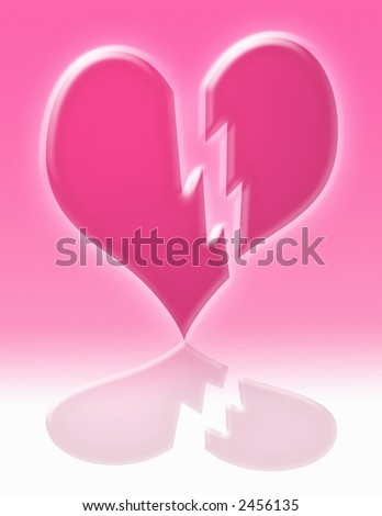 a pink glowing breaking  heart with reflection