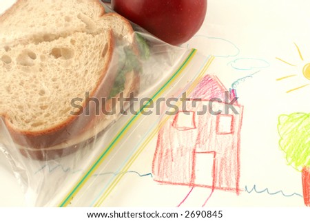whole wheat sandwich and apple (a healthy lunch) on top of child drawing in school
