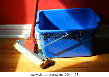 mop and blue bucket on hardwood floors with red wall in background