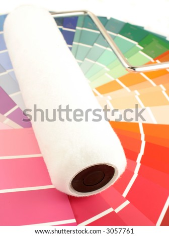 rainbow paint swatches, and  paint roller for home decorating