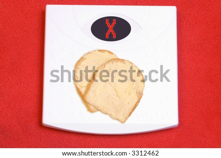 conceptual image of bread and butter being a fattening bad food on a scale