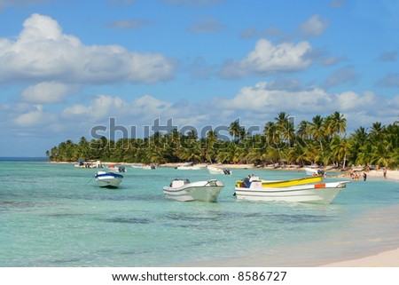 Seona Island tropical beach with boats, palm trees and sun bathers