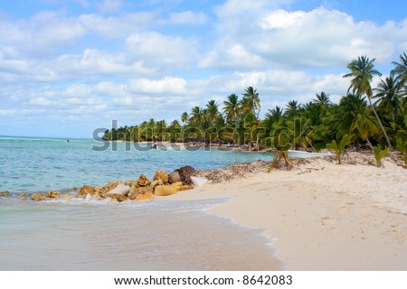 Seona Island tropical beach with boats, palm trees and sun bathers