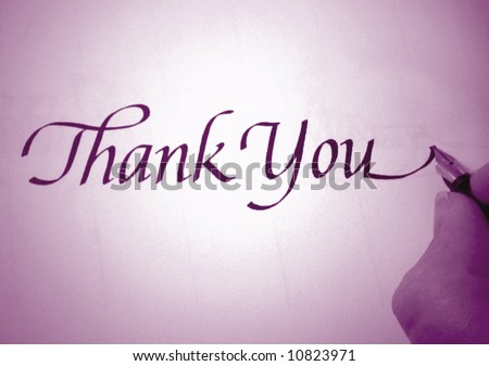 person writing thank you in calligraphy in purple tone